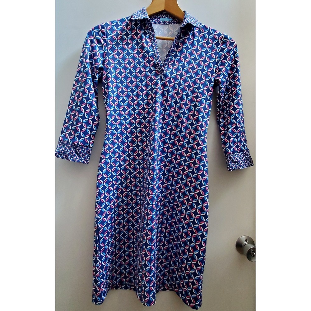 J. McLaughlin Catalina S Polo Shift Dress Geometric Links Lock Blue Pink & White